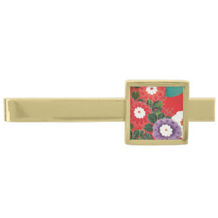 Vintage Japanese Textile - Red Dahlias Gold Finish Tie Bar