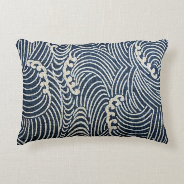 Vintage Japanese Textile, Wave Pattern Accent Pillow (Front)