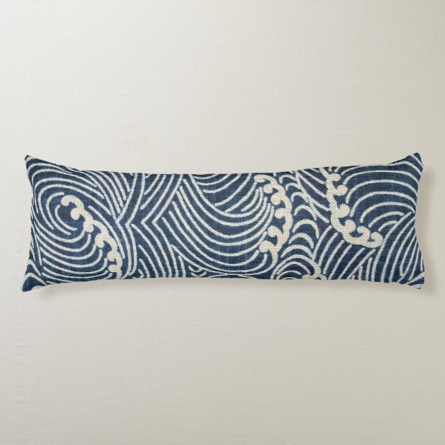 Vintage Japanese Textile, Wave Pattern Body Pillow (Front)