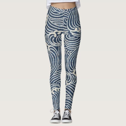 Vintage Japanese Textile Wave Pattern Leggings