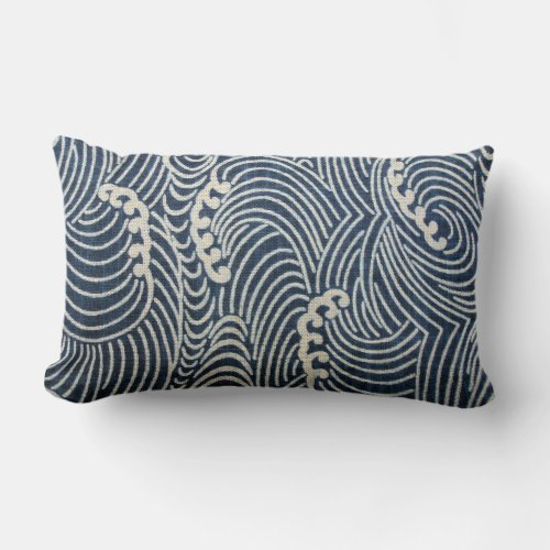 Vintage Japanese Textile Wave Pattern Lumbar Pillow