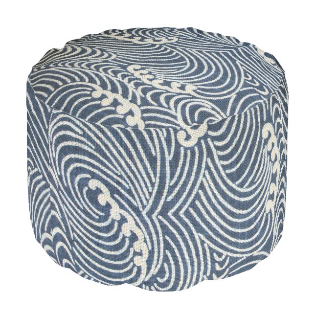 Vintage Japanese Textile, Wave Pattern Pouf (Angled Front)