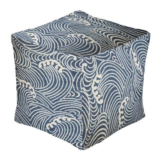 Vintage Japanese Textile, Wave Pattern Pouf (Angled Front)