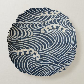 Vintage Japanese Textile  Wave Pattern Round Pillow by Wagaraya at Zazzle
