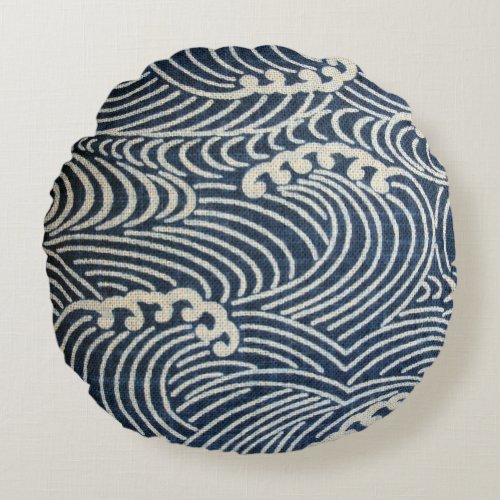 Vintage Japanese Textile Wave Pattern Round Pillow