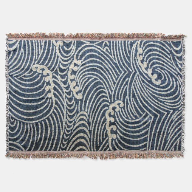Vintage Japanese Textile, Wave Pattern Throw Blanket (Front)