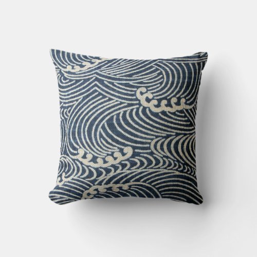 Vintage Japanese Textile Wave Pattern Throw Pillow