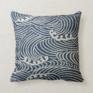 Vintage Japanese Textile, Wave Pattern Throw Pillow