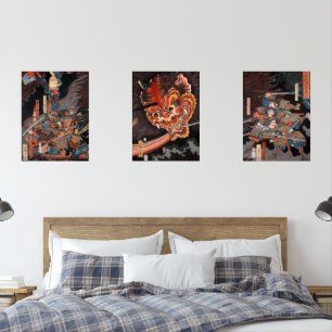Vintage Japanese Triptych: Samurai vs. Oni King Wall Art Sets