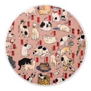 Vintage Japanese Ukiyo-e Cat Pattern: Kuniyoshi Ceramic Knob