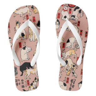 Vintage Japanese Ukiyo-e Cat Pattern: Kuniyoshi Flip Flops
