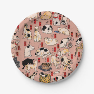 Vintage Japanese Ukiyo-e Cat Pattern: Kuniyoshi Paper Plates