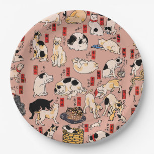 Vintage Japanese Ukiyo-e Cat Pattern: Kuniyoshi Paper Plates