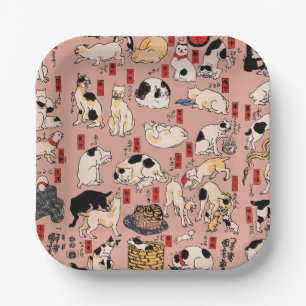 Vintage Japanese Ukiyo-e Cat Pattern: Kuniyoshi Paper Plates