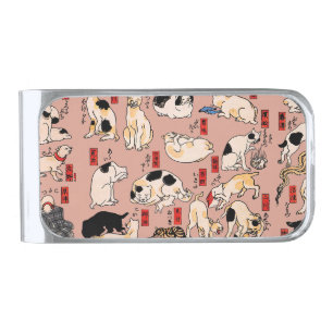 Vintage Japanese Ukiyo-e Cat Pattern: Kuniyoshi Silver Finish Money Clip