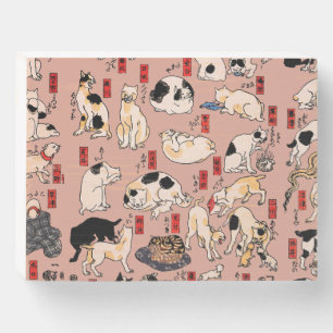 Vintage Japanese Ukiyo-e Cat Pattern: Kuniyoshi Wooden Box Sign