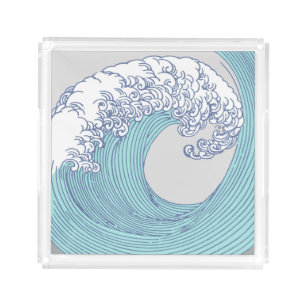 Vintage Japanese Ukiyo-e Surf Wave Art Blue Coast  Acrylic Tray