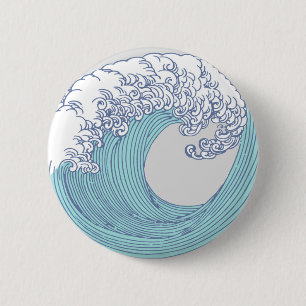 Vintage Japanese Ukiyo-e Surf Wave Art Blue Coast  Button