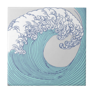 Vintage Japanese Ukiyo-e Surf Wave Art Blue Coast Ceramic Tile