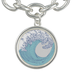 Vintage Japanese Ukiyo-e Surf Wave Art Blue Coast Charm Bracelet