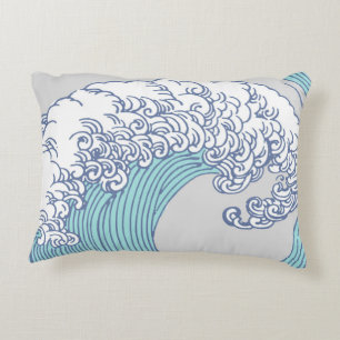Vintage Japanese Ukiyo-e Surf Wave Art Blue Coast  Decorative Pillow