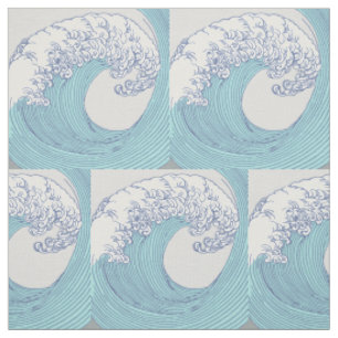 Vintage Japanese Ukiyo-e Surf Wave Art Blue Coast  Fabric
