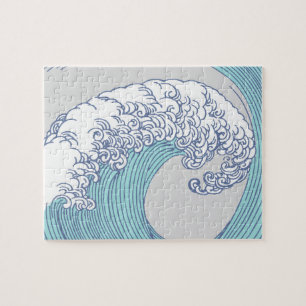 Vintage Japanese Ukiyo-e Surf Wave Art Blue Coast Jigsaw Puzzle