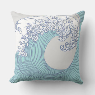 Vintage Japanese Ukiyo-e Surf Wave Art Blue Coast  Outdoor Pillow