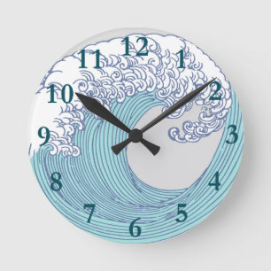 Vintage Japanese Ukiyo-e Surf Wave Art Blue Coast Round Clock