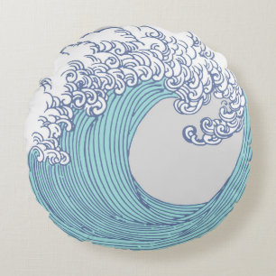 Vintage Japanese Ukiyo-e Surf Wave Art Blue Coast Round Pillow