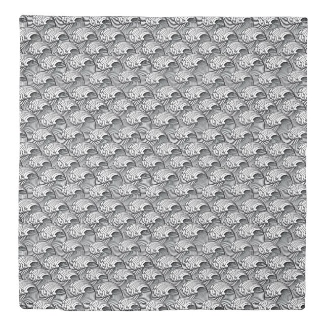 Vintage Japanese Waves, Black and White Duvet Cover (Front)