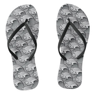 Vintage Japanese Waves, Black and White Flip Flops