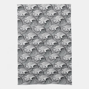 Vintage Japanese Waves, Black and White Kitchen To Kitchen Towel