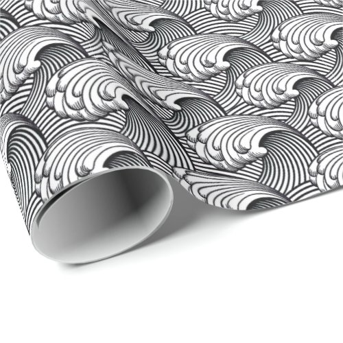 Vintage Japanese Waves Black and White Wrapping Paper