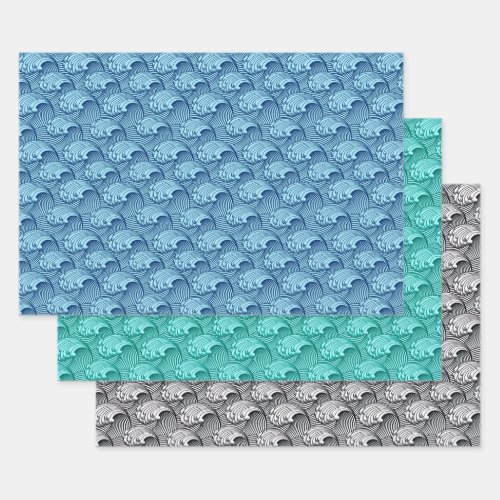 Vintage Japanese Waves BlueTurquoise BlkWhite Wrapping Paper Sheets