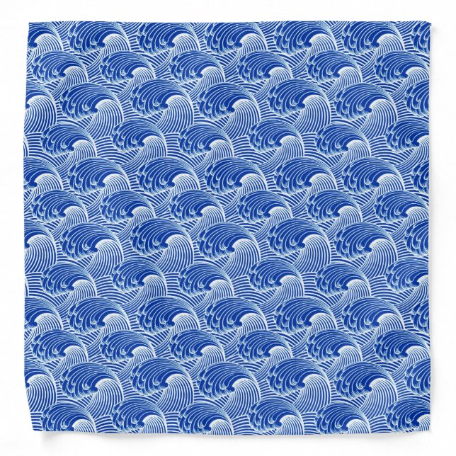 Vintage Japanese Waves, Cobalt Blue and White Bandana (Front)