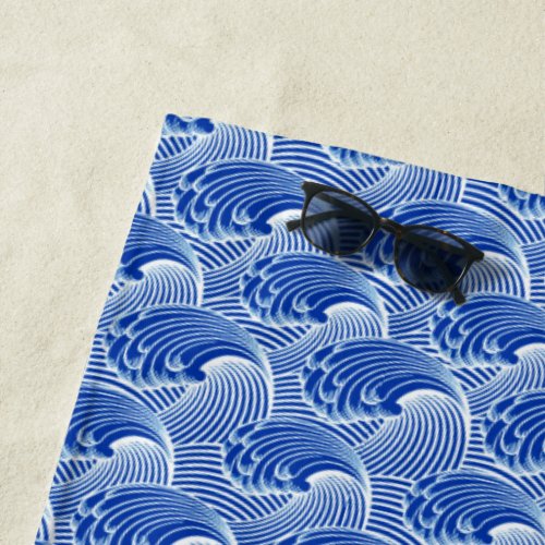 Vintage Japanese Waves Cobalt Blue and White Beach Towel