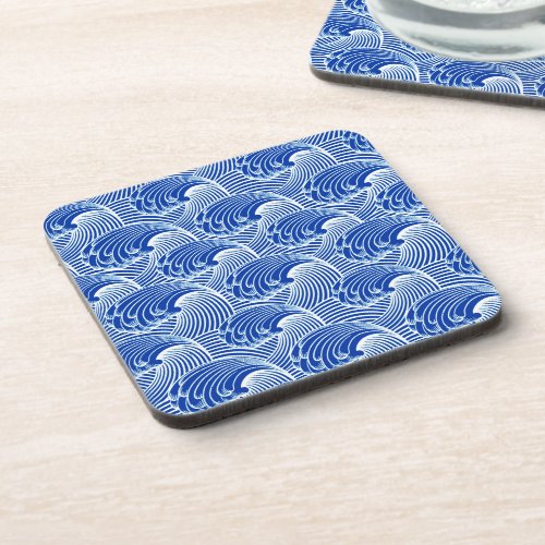 Vintage Japanese Waves Cobalt Blue and White  Beverage Coaster