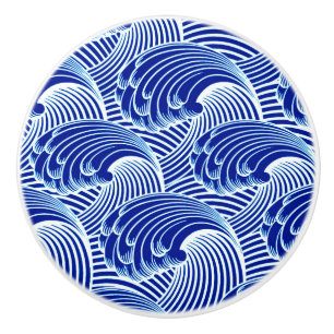Vintage Japanese Waves, Cobalt Blue and White Ceramic Knob