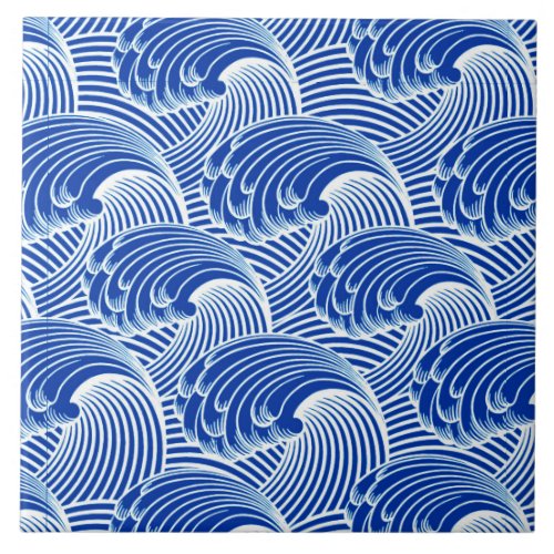 Vintage Japanese Waves Cobalt Blue and White Ceramic Tile