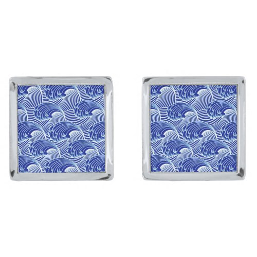 Vintage Japanese Waves Cobalt Blue and White Cufflinks
