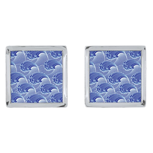 Vintage Japanese Waves, Cobalt Blue and White Cufflinks (Front)