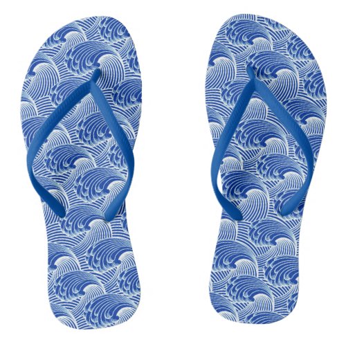 Vintage Japanese Waves Cobalt Blue and White Flip Flops