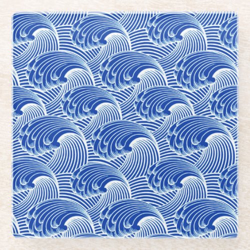 Vintage Japanese Waves Cobalt Blue and White  Glass Coaster