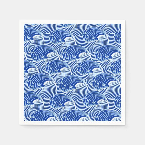 Vintage Japanese Waves Cobalt Blue and White Paper Napkins