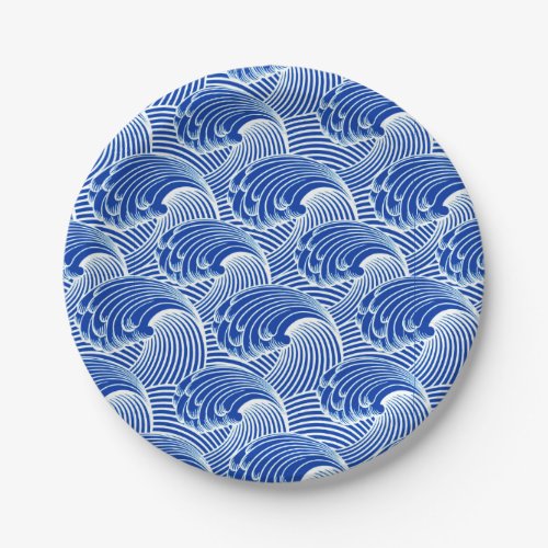 Vintage Japanese Waves Cobalt Blue and White Paper Plates