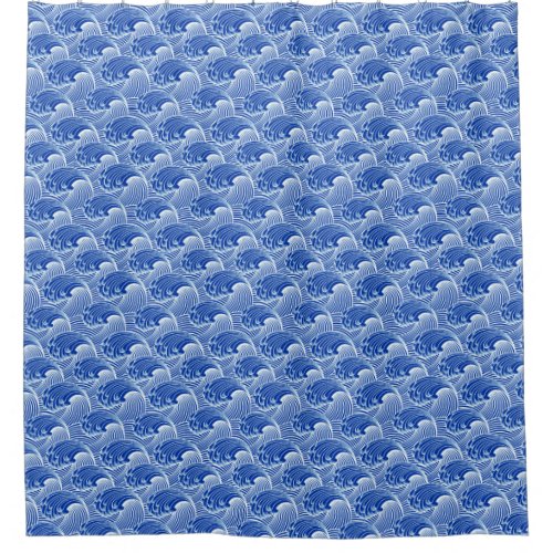 Vintage Japanese Waves Cobalt Blue and White Shower Curtain