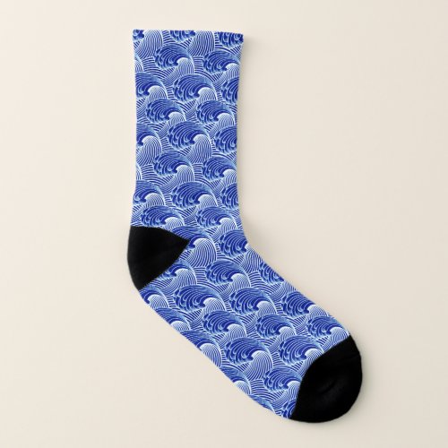 Vintage Japanese Waves Cobalt Blue and White Socks