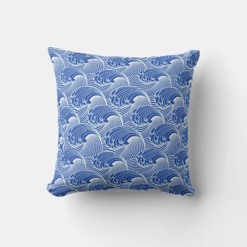 Vintage Japanese Waves Cobalt Blue and White Throw Pillow