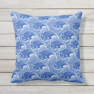 Vintage Japanese Waves, Cobalt Blue and White Throw Pillow